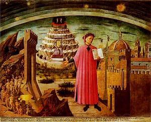 Dante Alighieri shows his poem. Fresco by Domenico di Michelino