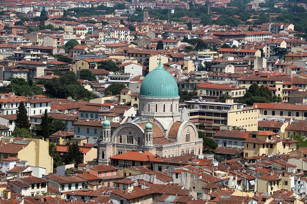 The Synagogue of Florence with its green copper dome.